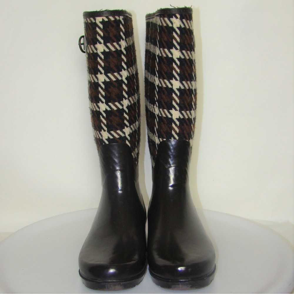 BANANA REPUBLIC BRIDGEWATER WOMENS BROWN HOUNDSTOOTH RAIN BOOTS SIZE 8   C133 - Picture 2 of 12